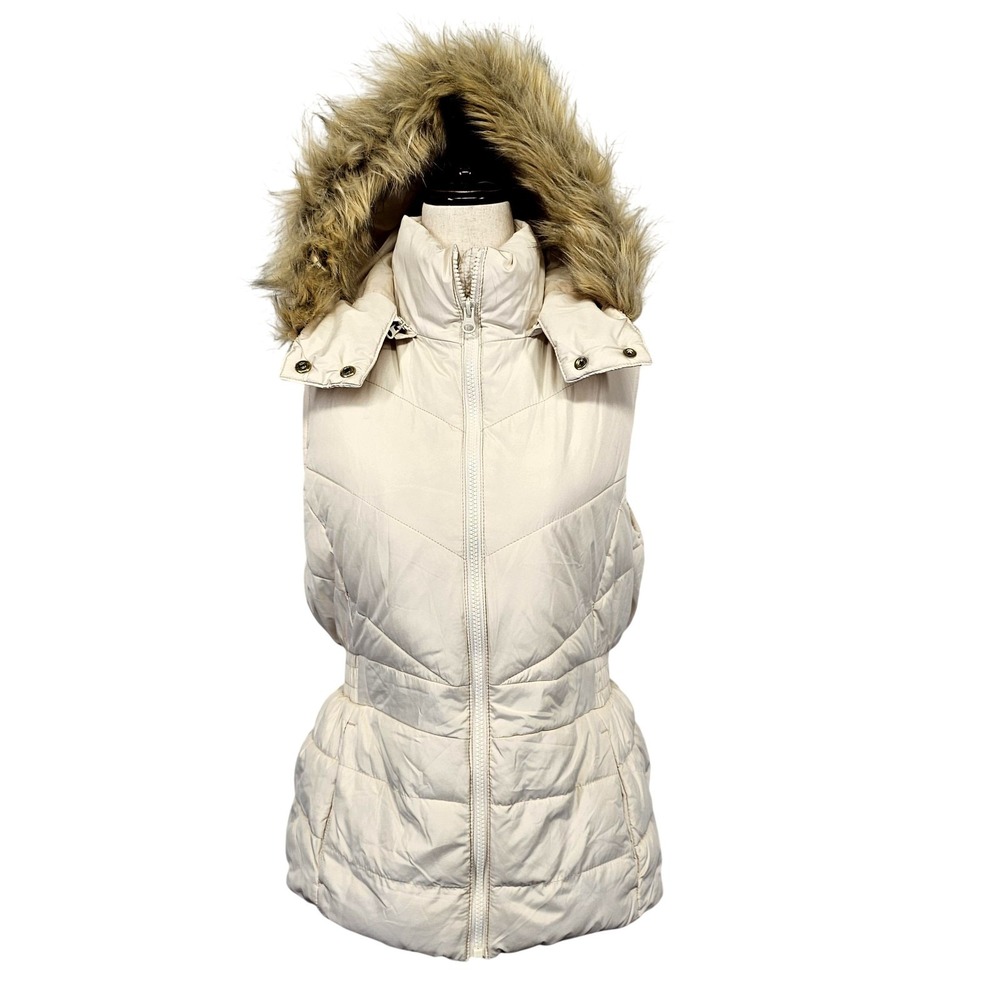 Banana Republic Vest Womens S White Hooded Quilted Puffer Faux‎ Fur Y2K Style